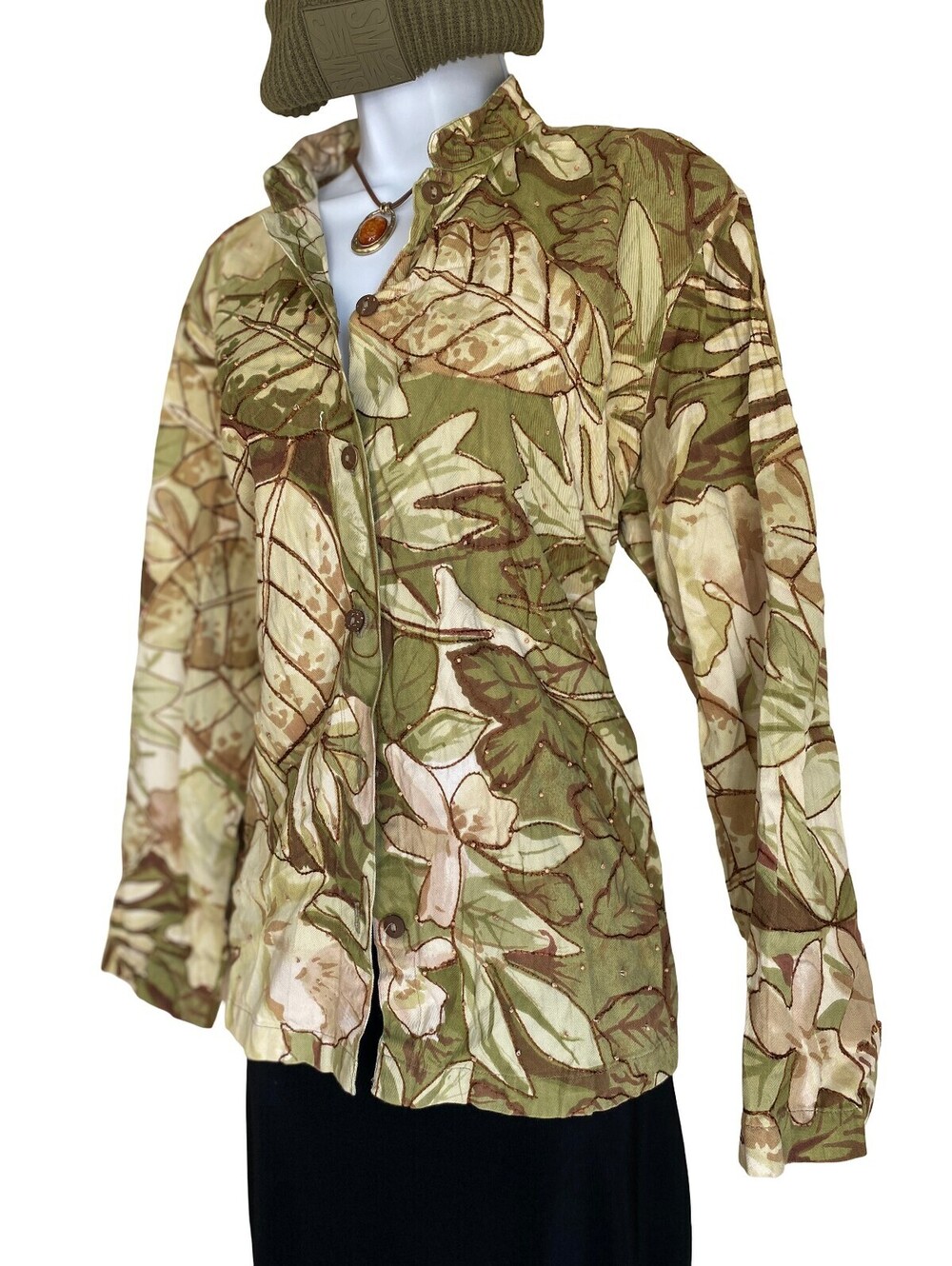 VTG 100% Cotton units Women's XL Dark Boho Button Up Floral Tunic Blouse Shacket - Picture 7 of 12